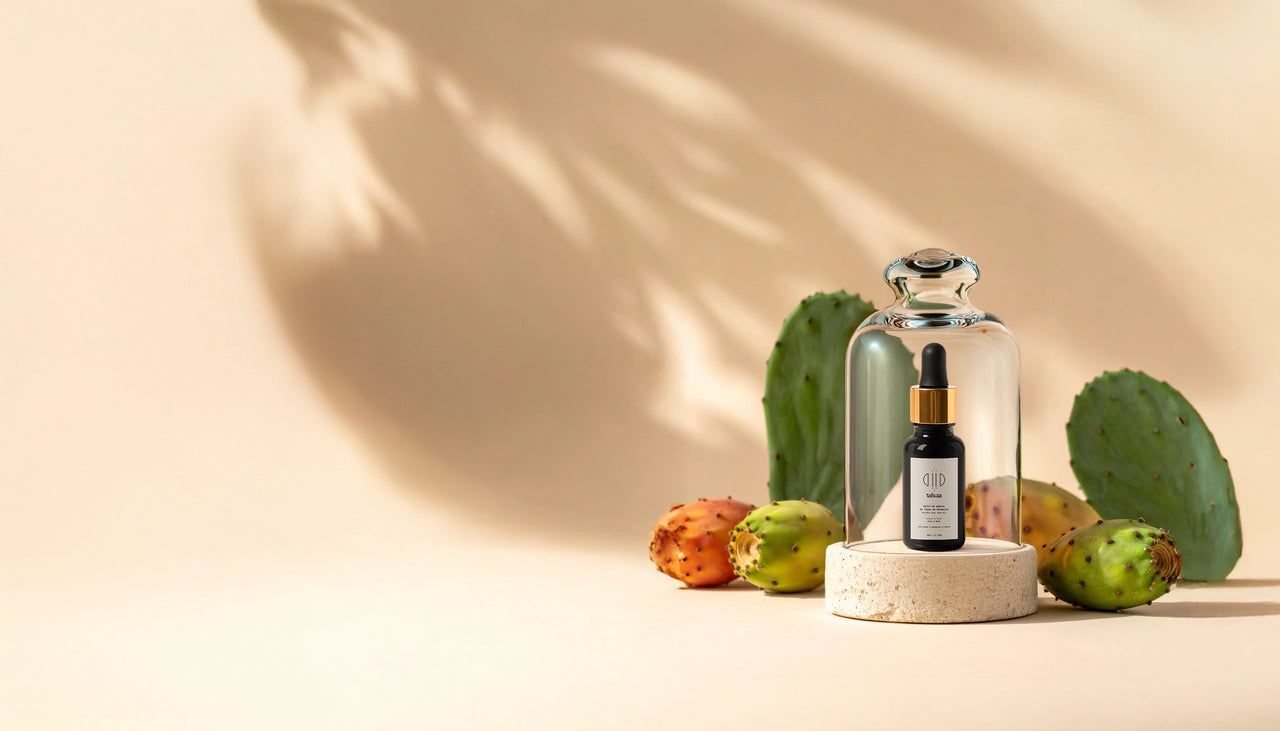 Huile de figue de barbarie Tafsura sous cloche en verre, photographie de luxe sur fond marocain naturel